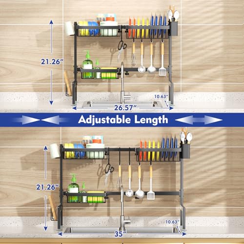 SNSLXH 2-Tier Over The Sink Dish Drying Rack, Kitchen Dish Drying Rack | Large Dish Drying Rack, Suitable for Most Sinks, Kitchen Drying Rack（26.57"-35"） - size: 2 tiers 3 baskets