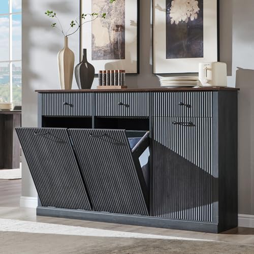 IFGET Triple Tilt Out Trash Can Cabinet, Modern Fluted Laundry Hamper Cabinet with 3 Drawers, 20 Gallon Hidden Wooden Garbage Can Cabinet w/Storage Basket & Adjustable Shelf, for Kitchen, Grey - color: Grey, size: Triple Door