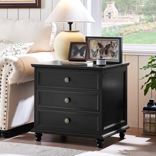 Joaxswe 24" Wide Farmhouse Night Stand,Large End Table with 3 Drawers & Metal Handle,Black Dresser for Bedroom, Bed Side Table Chest of Drawers Cabinet,Wood Nightstand for Living Room,Closet - color: Black, size: 19.76"D x 24"W x 22.91"H (3 Drawers)
