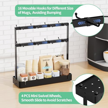Coffee Mug Holder, 2 Tier Metal Mug Rack with 16 Movable Hooks | Extra Cup Holder for Countertop, Organize Coffee Mugs, Cups, Coffee Pods and Accessories for Kitchen, Coffee Bar, Office