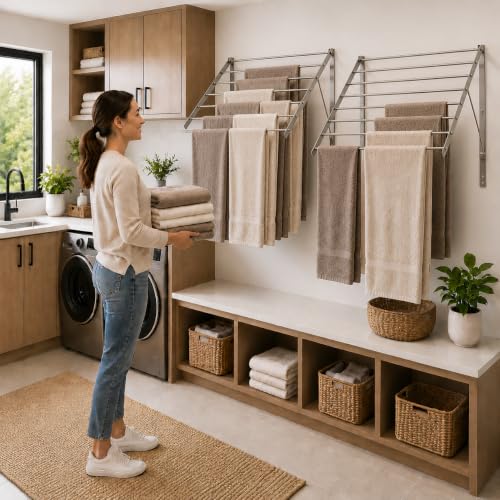 | Wall Mounted | Clothes Drying Rack | 30" Wide | 20 Linear Feet Capacity | 8 Smooth Round Stainless Steel Rods | 60 lb Capacity | Fully Assembled | Compact Sturdy Space-Saving Design - size: 30 inches