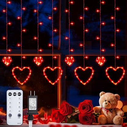 Valentines Day Decor, Red Love Heart String Lights for Bedroom, 12 Hearts 138 LED Fairy Twinkle Lights with Remote, 8 Lighting Modes Connectable Window Lights for Valentine's Day Wedding Home Decor
