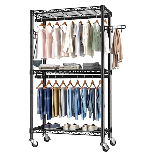 Golpart Heavy Duty Rolling Clothes Rack Wheels Portable Metal Garment Rack | Wardrobe Adjustable Wire Shelving Metal Double Clothing Racks for Hanging Clothes Organizer Closet Laundry Room Organization - color: Black-A, size: 15.75"D x 23.5"W x 72.45"H