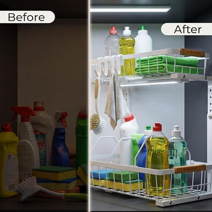 Under Sink Organizer with Motion-Activated LED Lights, 2 Pack, 2 Tier Sliding L-Shaped Carbon Steel Rack with Adjustable Height, Dividers & Hooks (White) - color: White
