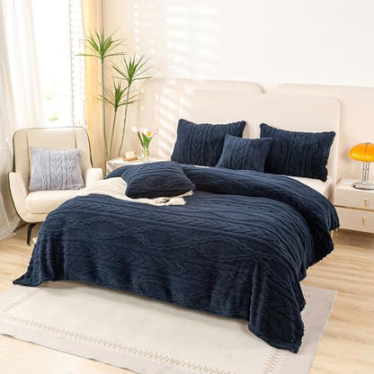 YUSOKI Sherpa Fleece Queen Size Blanket, Navy Blue, 90"x90" | 3D Stylish Design,320GSM, Non-Shedding, Lightweight for All Season Use, stays fluffy after repeated washes, Perfect Gifts - color: Navy-(without Pillows), size: Queen (90" x 90")