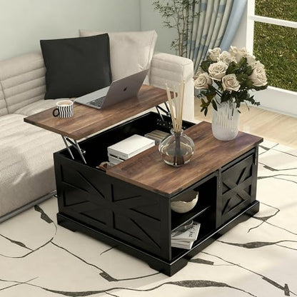 TaoHFE Black Lift Top Coffee Table with Storage,Rustic Black Farmhouse Coffee Table, Square Storage Compartment and Adjustable Shelves Coffee Tables for Living Room - color: Black