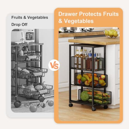 4 Tier Narrow Kitchen Rolling Cart, 9.1" Wide Slim Kitchen Storage Cart with Pull-Out Baskets, Adjust Pantry Organizer and Storage Cart with Wheels, Multifunctional Fruit Vegetable Spice Storage Cart - size: Small 4 Tier Black