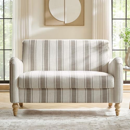 HULALA HOME 50.5" Loveseat Sofa with Stripe Pattern, 2 Seater Sofa, Tan | Farmhouse Comfy Upholstered Small Couch, with Solid Wood Spindle Legs and Rolled Wide Armrests, for Living Room Bedroom - color: Tan, size: 2-Seater Loveseat