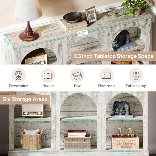 Tribesigns Console Table with Storage, 63" Long Arched Entryway Table | 3 Tier Wooden Farmhouse Rectangular Sofa Table Behind The Couch for Entrance, Hallway, Living Room, Distressed White - color: Distressed White