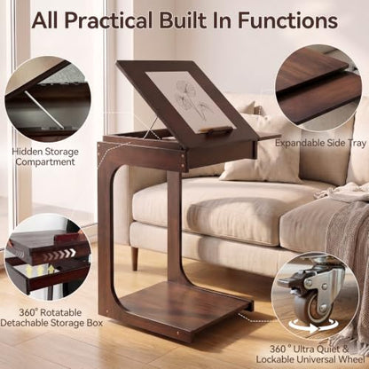 Mazatzal C-Shaped End Table with Wheels, Bamboo, Walnut | Rolling Couch Table, Ultra-Silent Casters, 5-Angle Adjustable Desktop, Foldable Shelf, for Living Room Home Office