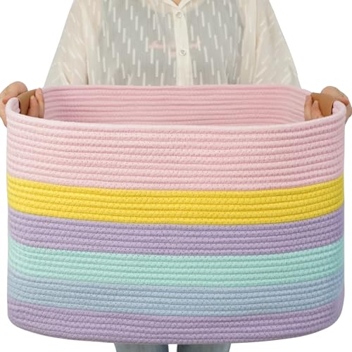 Large Laundry Basket, 108L Rectangle Woven Baskets for Storage for Living Room, Laundry, Nursery, Pillows, Baby Toy chest, Blanket Storage with Leather Handle, 25’’*16’’*16’’ Rainbow - color: Rainbow, size: 108L