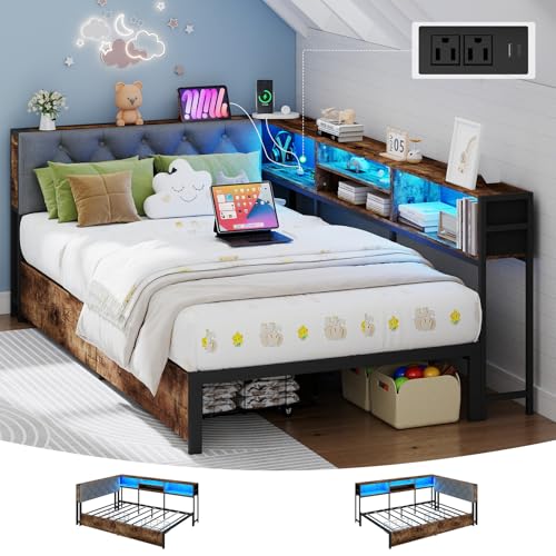 Twin Size Corner Bed Frame with Storage Bookcase and Upholstered Headboard | Twin Day Bed with 2 Storage Drawers, Built-in LED Lights and Charging Station, Metal Suppor, Noise-Free, Rustic Brown & Gray - color: Rustic Brown & Gray, size: Twin