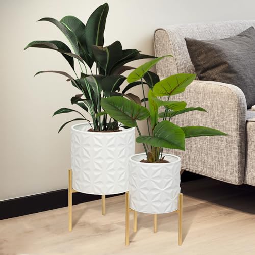 ARNIS Plant Pots with Stand, Set of 2 Indoor Planter Pots, Large Metal Planters with Stand, Mid Century Decorative Flower Pots with Drainage Hole and Gold Plant Stand, 8.25" & 10.5",Matte White - color: Frosted White, size: 8.25 &10.5