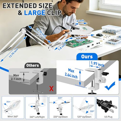 KIRKAS LED Magnifying Lamp with Clamp, 2,200 Lumens Dimmable 35in 12X | Magnifying Glass with Light for Repair Reading Craft Needlework Workbench Magnifier Dust Cover Adjust Swivel Arm - color: White 35in