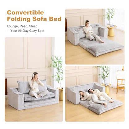 61" Boneless Loveseat Sleeper, Folding Sofa Bed, Faux Fur Cover, Dove Grey | Memory Foam Pull Out Futon Bed with Removable Washable Cover, Space-Saving Fold Out Couch for Living Room & Guest Room - color: Dove Grey