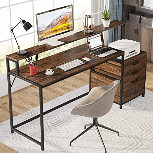 Tribesigns 63 Inch Computer Desk with File Drawer Cabinet, Ergonomic Desk | Office Desk with Monitor Stand, Computer Table with Printer Space, Wood PC Table Workstation Desk for Home Office - color: Rustic Brown