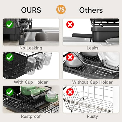 Runnatal Dish Drying Rack - Expandable Large Dish Rack Over Sink | Drying Dish Drainer for Kitchen Counter, Stainless Steel Dish Strainer with Utensil Holder & Cup Holder, Black - color: Black