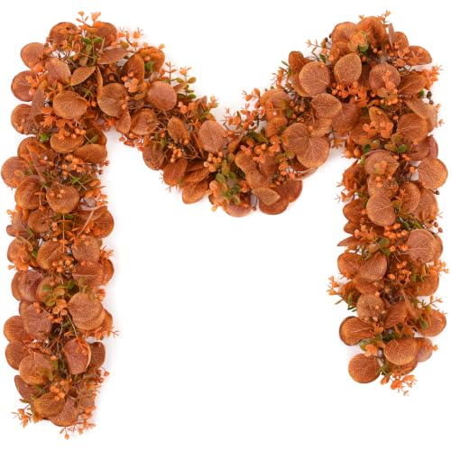 2Pack Eucalyptus Garland, Fall Artificial Eucalyptus Garland with Flowers | Orange Silk Greenery Garland Faux Silver Dollar Fake Ivy Vines for Rustic Wedding Arch Table Runner Mantel Wall Hanging Decor - color: Fall Eucalyptus Garland, size: 2Pcs
