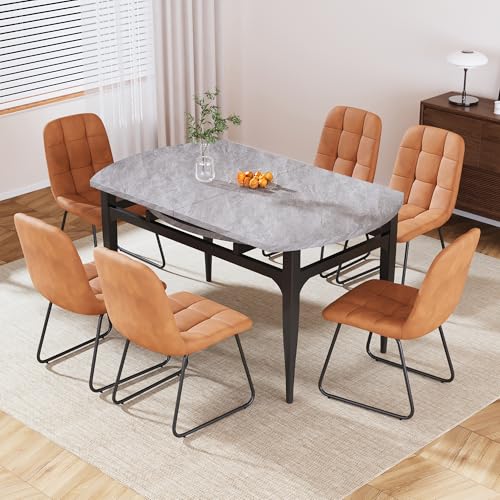 HIPIHOM 55‑Inch Extendable Dining Table Set with 6 Upholstered Chairs and Metal Frame for Dining Room - color: Grey/Brown