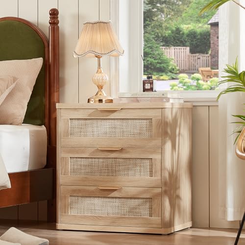 LEYAOYAO Rattan 23" Nightstands with Drawers for Bedroom | Gold Metal Handle, Storage Shelf, Oak Night Stand, Boho Bedside Table, Bed Side End Tables Living Room, Hallway - color: Natural Wood, size: 3 Drawers
