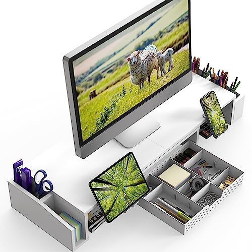 Simple Houseware Desk Dual Monitor Stand Riser with Drawer, White | Customizable Organizer Tray, Built-In Phone & Tablet Slot and Side Storage - color: White