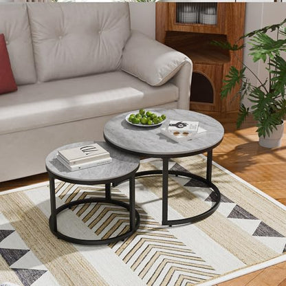 Nesting Coffee Table Set of 2, Round Stacking Coffee Tables with Nesting Coffee Table Set of 2, Round Stacking Coffee Tables with Resin Top & Metal Frame - color: Media Size + Black Frame