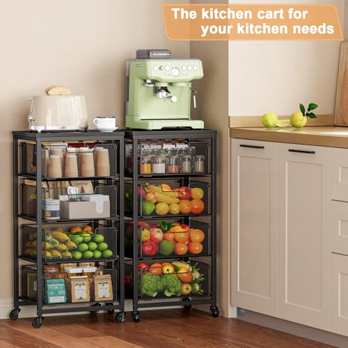 4-Tier Fruit Vegetable Storage Cart - Kitchen Organizer and Storage Cart with Wheels, Wooden Top Metal Wire Fruit Vegetable Rack Stand with Drawers to Storage Cans Snacks for Kitchen(Patent Pending) - size: 4-Tier
