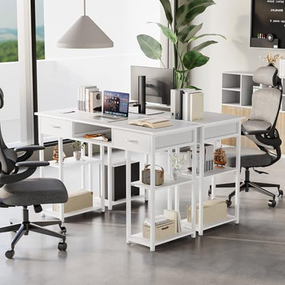 DUMOS 48-Inch Computer Desk with Drawers and Hook, White | Home Office Desk for Bedroom, Gaming Writing Study Desk with Adjustable Feet - color: White, size: 48-In