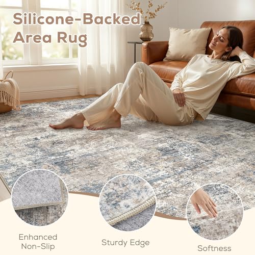 Nakagishi 6X9 Abstract Washable Area Rugs for Living Room-Blue Brown | Modern Non-Slip Silicone Backing Low Pile Soft Carpet for Bedroom Dining Decor Ideal for Families with Kids and Pets - color: Blue Brown-01, size: 6' x 9' (Rectangular)