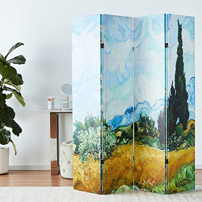 Red Lantern Double Sided Works of Van Gogh Canvas Folding Screen - Almond Blossoms/Wheat Field, 6 ft Tall - 4 Panel - color: Almond Blossoms/Wheat Field, size: 6 Foot Tall - 4 Panel