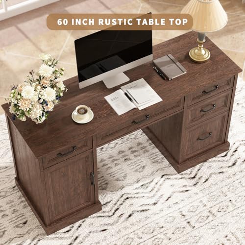 CARPETNAL 58'' Farmhouse Executive Desk with Drawers, Home Office Desk with File Drawer and Storage Cabinet, Rustic Computer Desk for Working, Studying, Writing, Brown - color: Brown