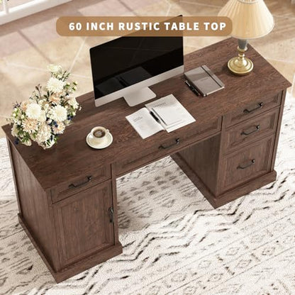 CARPETNAL 58'' Farmhouse Executive Desk with Drawers, Home Office Desk with File Drawer and Storage Cabinet, Rustic Computer Desk for Working, Studying, Writing, Brown - color: Brown