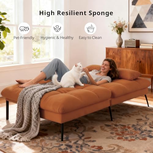 COMHOMA 72″ Convertible Futon Sofa Bed, Adjustable Backrest, Orange | Breathable Fabric Futon Couch with Pillows,Multi-angle Ergonomic Reclining,Space-saving Sleeper Sofa for Living Room - color: Orange