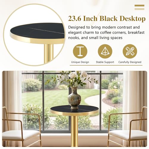 TesNus 23.6" Small Round Dining Table for 2, Circle Tulip Table, Faux Marble Top with Gold Metal Pedestal Base, Modern Leisure Coffee Table for Small Spaces, Cafe, Office, Black&Gold - color: Black Top&gold Base