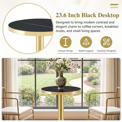 TesNus 23.6" Small Round Dining Table for 2, Circle Tulip Table, Faux Marble Top with Gold Metal Pedestal Base, Modern Leisure Coffee Table for Small Spaces, Cafe, Office, Black&Gold - color: Black Top&gold Base