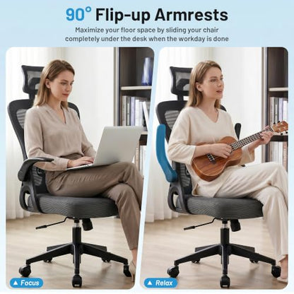 Office Chair Ergonomic Desk Chair with Adjustable Headrest Lumbar Support, High Back Breathable Mesh Chair with 120° Tilt & Flip-Up Armrests, Swivel Comfy Task Computer Chair for Work, Study - color: Dark Gray