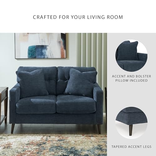 Signature Design by Ashley Loveseat Sofa, Navy Blue, No Assembly, Bixler | Chenille fabric blend, Durable foam cushions, Mid-century modern style, Track arms - color: Blue