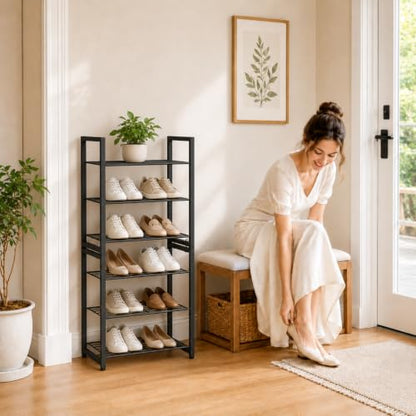 6 Tier Shoe Rack, Stackable Metal Organizer with Adjustable Feet, 2-in-1 Shoe Shelf Holds 12 Pairs, Perfect for Entryway Garage Closet, Black - size: 6 Tier