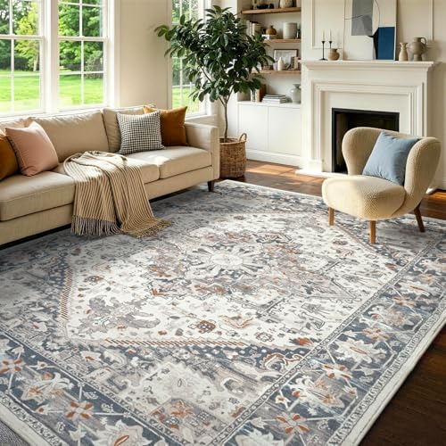 Area Rugs 4x6 Washable Vintage Rug for Bedroom Living Room Beige and Blue | Soft Low-Pile Stain Resistant Carpet With Non Slip Backing for Indoor Entryway Nursery Dining Room,Thin,Foldable,Home Decor - color: 24f01-beige and Blue, size: 4' x 6' (Rectangul