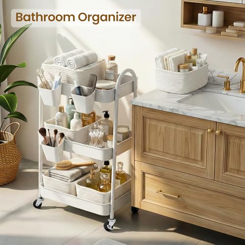 3-Tier Rolling Utility Cart with 4 Woven Baskets, Diaper Book Snack Cart, Storage Organizer for Nursery, Kitchen, Craft Room, Home SPA, Living Room, Metal Frame Trolley on Lockable Wheels, White - color: White