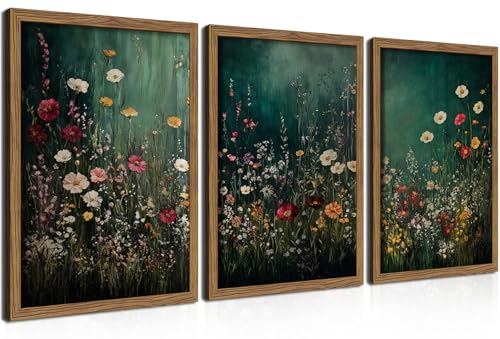 Vintage Wildflower Wall Art Set of 3, Moody Dark Green Flower Botanical Wall Decor Paintings,Nature Floral Farmhouse Landscape Posters Prints Pictures for Living Room Bedroom 16x24 Inch Wood Framed - color: Dark Florals, size: 24L" x 16W"