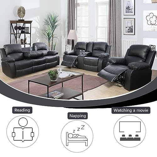 A Ainehome Living Room Furniture Set Leather Recliner Sofa Set Loveseat Chair Furniture Sofa Set for Living Room/Small Space/Rv/House/Office/Theater Seating (A-Black Leather, 3 Piece Set) - color: A-black Leather, size: 3 piece set
