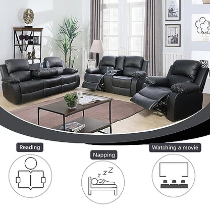 A Ainehome Living Room Furniture Set Leather Recliner Sofa Set Loveseat Chair Furniture Sofa Set for Living Room/Small Space/Rv/House/Office/Theater Seating (A-Black Leather, 3 Piece Set) - color: A-black Leather, size: 3 piece set