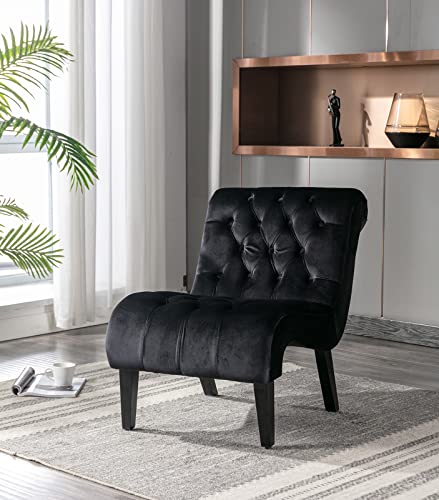 Comfy Velvet Accent Chair, Tufted Armless Side Chair with Rolled Edge | Modern Small Lounger for Living Room, Upholstered Reading Chaise Lounge with Solid Rubber Wood Legs, Black - color: Deep Black, size: Set of 1