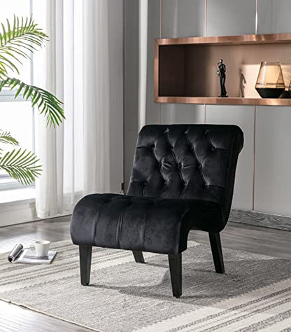 Comfy Velvet Accent Chair, Tufted Armless Side Chair with Rolled Edge | Modern Small Lounger for Living Room, Upholstered Reading Chaise Lounge with Solid Rubber Wood Legs, Black - color: Deep Black, size: Set of 1