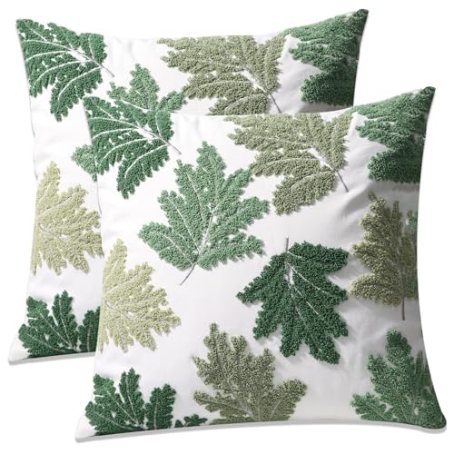 Set of 2 Embroidered Decorative Throw Pillow Covers Couch Square Pillowcases Cushion for Bedroom Sofa Farmhouse Decor 18x18 Inch (Green Maple Leaf) - color: Green Maple Leaf