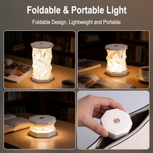 Foldable Mini Night Light, USB Rechargeable Touch Lamp | Portable Paper Lantern Lamp with Dimmable Warm Glow, Boho Leaf Pattern, Rotating Design for Bedroom, Living Room & Travel