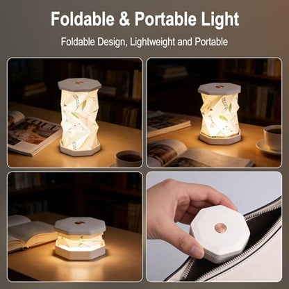 Foldable Mini Night Light, USB Rechargeable Touch Lamp | Portable Paper Lantern Lamp with Dimmable Warm Glow, Boho Leaf Pattern, Rotating Design for Bedroom, Living Room & Travel