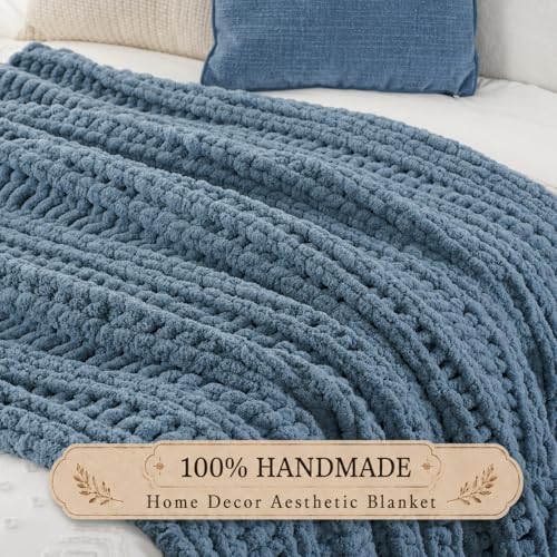 Battilo Chunky Knit Throw Blanket for Couch, 50"x60", Dusty Blue | Hand Knit with Chunky Yarn, Cozy Warm Soft Chenille Throw Blanket for Bed, Sofa, Living Room - color: Dusty Blue