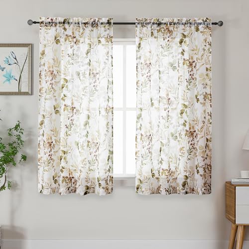Crushed Sheer Curtains 63 Inch Length 2 Panels Set, Sheer Floral Curtians with Printed Leaves Design, Printing Drapes for Living Room, Rod Pocket Light Filtering Window Sheers 42" W x 63" L - color: Brown/Multi, size: 42"W x 63"L (Pack of 2)